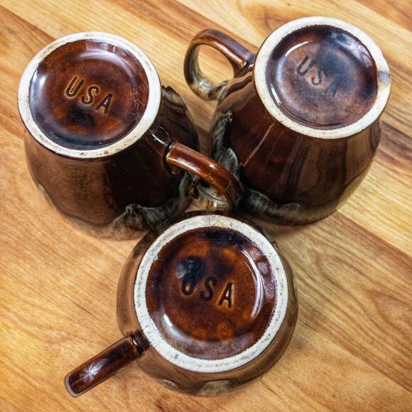 Vtg Brown Drip Glaze Coffee Cups Set of 3 - Picture 5 of 8